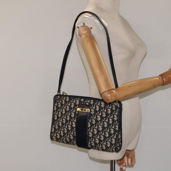 Christian Dior Trotter Canvas Shoulder Bag Navy Gold Auth 123314