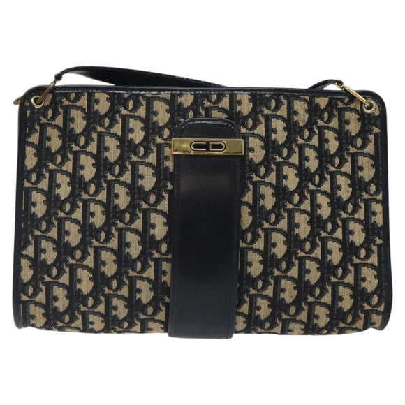 Christian Dior Trotter Canvas Shoulder Bag Navy Gold Auth 123314