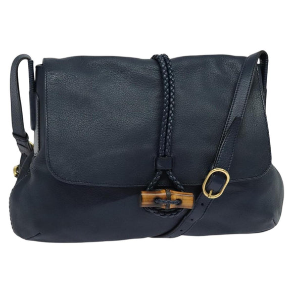 GUCCI Shoulder Bag Leather Blue Gold 338985 Auth 123404