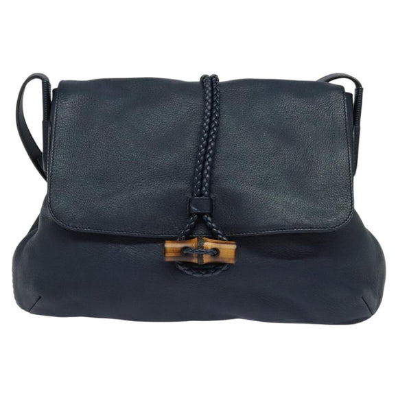 GUCCI Shoulder Bag Leather Blue Gold 338985 Auth 123404