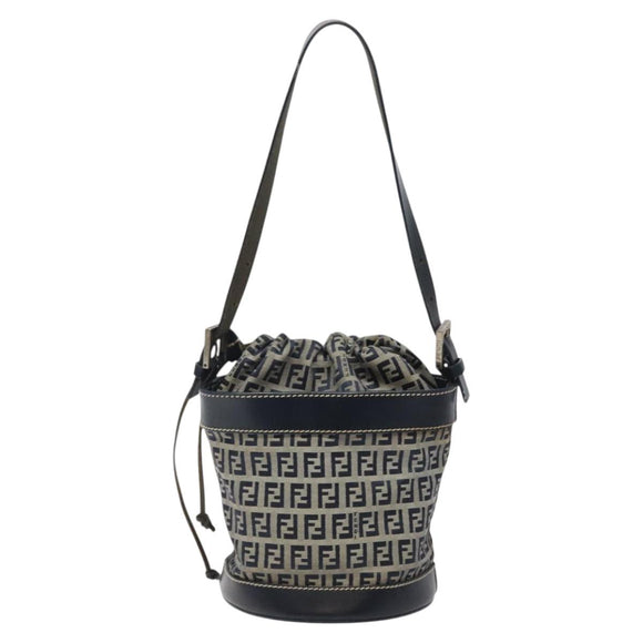 FENDI Zucchino Canvas Shoulder Bag Navy Silver Auth 123405