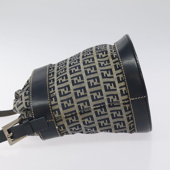 FENDI Zucchino Canvas Shoulder Bag Navy Silver Auth 123405