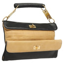 CHANEL Choco Bar Hand Bag Lamb Skin Beige Black CC Auth 123516-1