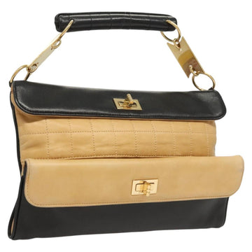 CHANEL Choco Bar Hand Bag Lamb Skin Beige Black CC Auth 123516