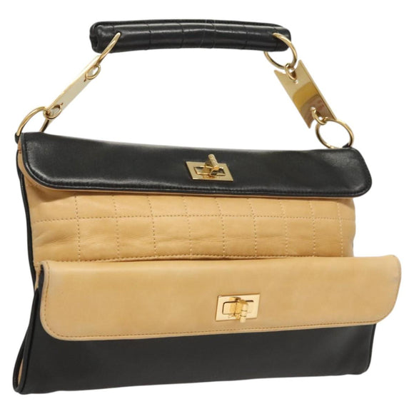 CHANEL Choco Bar Hand Bag Lamb Skin Beige Black CC Auth 123516