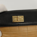 CHANEL Choco Bar Hand Bag Lamb Skin Beige Black CC Auth 123516-18