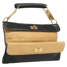 CHANEL Choco Bar Hand Bag Lamb Skin Beige Black CC Auth 123516V