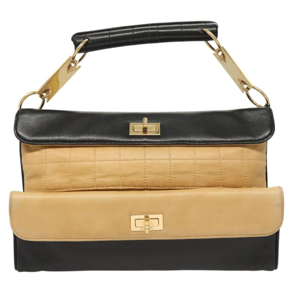 CHANEL Choco Bar Hand Bag Lamb Skin Beige Black CC Auth 123516
