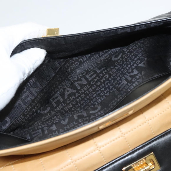 CHANEL Choco Bar Hand Bag Lamb Skin Beige Black CC Auth 123516V