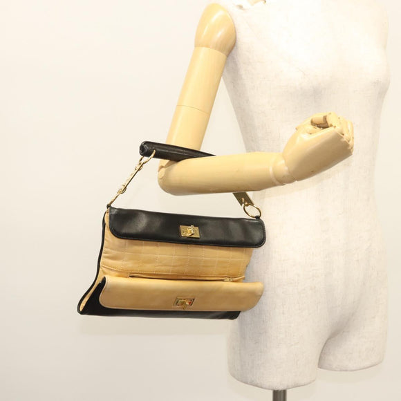 CHANEL Choco Bar Hand Bag Lamb Skin Beige Black CC Auth 123516