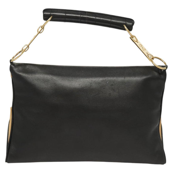 CHANEL Choco Bar Hand Bag Lamb Skin Beige Black CC Auth 123516V