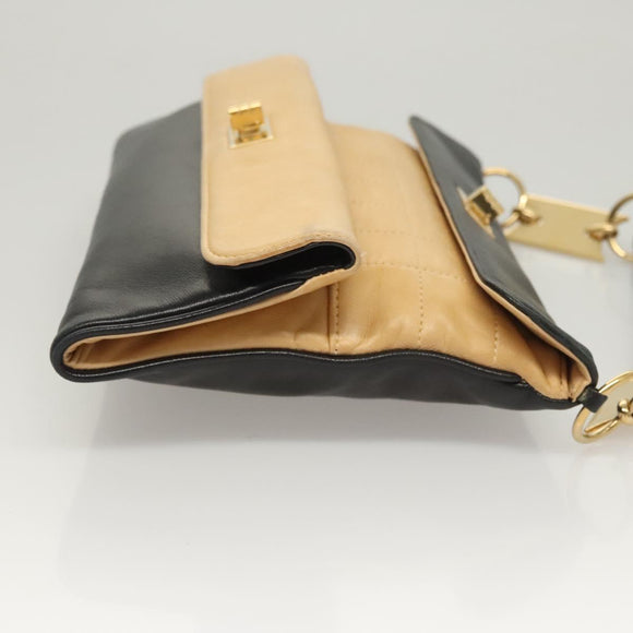 CHANEL Choco Bar Hand Bag Lamb Skin Beige Black CC Auth 123516