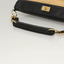 CHANEL Choco Bar Hand Bag Lamb Skin Beige Black CC Auth 123516-7