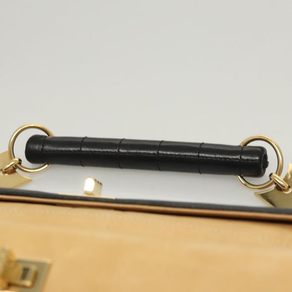 CHANEL Choco Bar Hand Bag Lamb Skin Beige Black CC Auth 123516