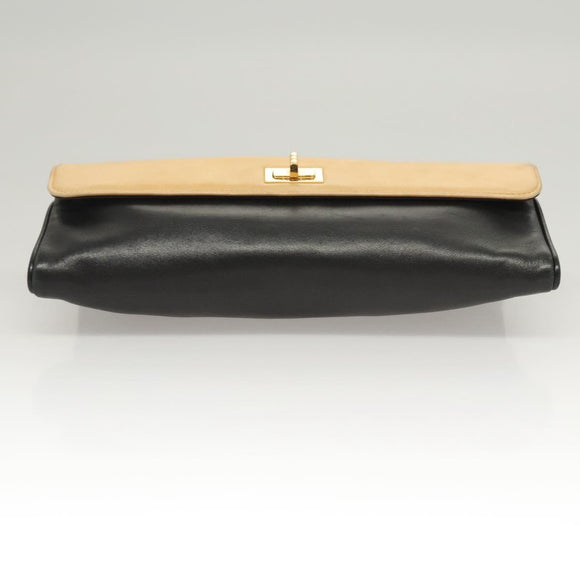 CHANEL Choco Bar Hand Bag Lamb Skin Beige Black CC Auth 123516