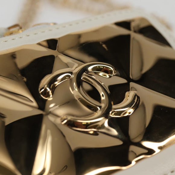 CHANEL Wallet Chain Shoulder Lamb Skin Gold White CC Auth 123520SM
