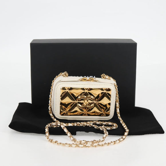 CHANEL Wallet Chain Shoulder Lamb Skin Gold White CC Auth 123520SM
