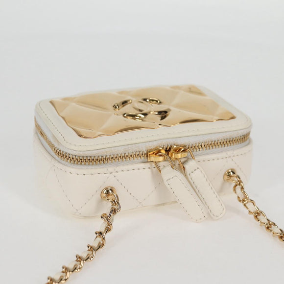 CHANEL Wallet Chain Shoulder Lamb Skin Gold White CC Auth 123520SM