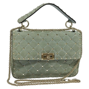 VALENTINO Studs Chain Shoulder Bag Suede Light Blue Silver Auth 123555