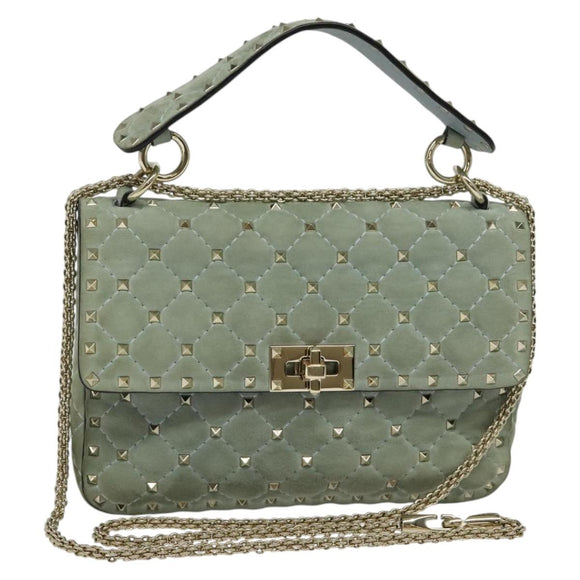 VALENTINO Studs Chain Shoulder Bag Suede Light Blue Silver Auth 123555