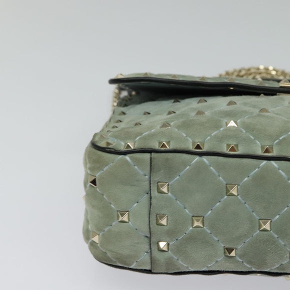 VALENTINO Studs Chain Shoulder Bag Suede Light Blue Silver Auth 123555