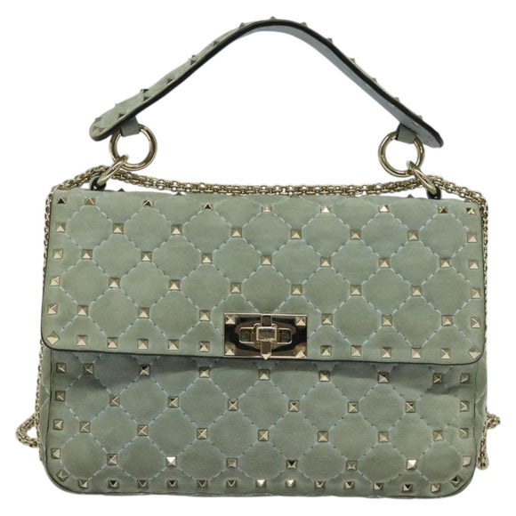 VALENTINO Studs Chain Shoulder Bag Suede Light Blue Silver Auth 123555