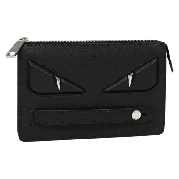 FENDI Monster Clutch Bag Leather Black Silver Auth 123564