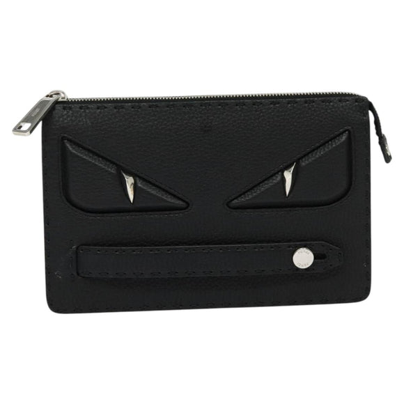 FENDI Monster Clutch Bag Leather Black Silver Auth 123564