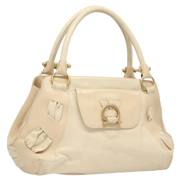 Salvatore Ferragamo Gancini Shoulder Bag Leather White Gold Auth 123574