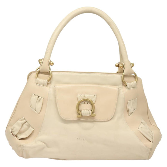 Salvatore Ferragamo Gancini Shoulder Bag Leather White Gold Auth 123574
