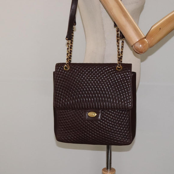 BALLY Quilted Chain Shoulder Bag Leather Black Gold Auth 123611