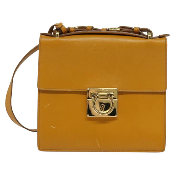 Salvatore Ferragamo Gancini Shoulder Bag Leather 2way Brown Gold Auth 123668