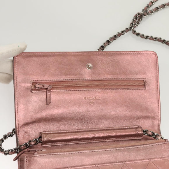 CHANEL Matelasse 2.25 Chain Wallet Shoulder Bag Leather Pink CC Auth 123687