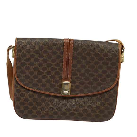 CELINE Macadam Canvas Shoulder Bag PVC Leather Brown Gold Auth 123725