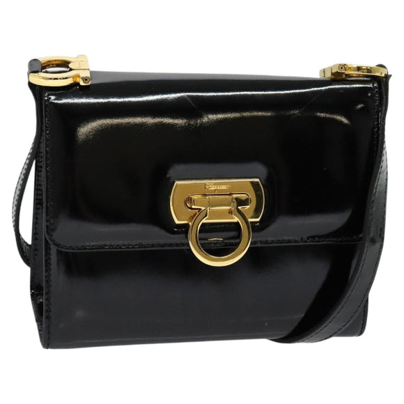 Salvatore Ferragamo Gancini Shoulder Bag Enamel Black Gold Auth 123760