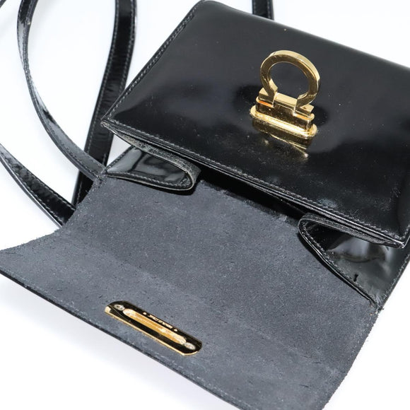 Salvatore Ferragamo Gancini Shoulder Bag Enamel Black Gold Auth 123760