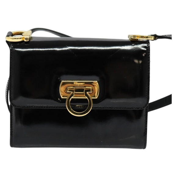 Salvatore Ferragamo Gancini Shoulder Bag Enamel Black Gold Auth 123760