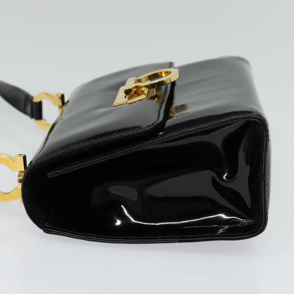 Salvatore Ferragamo Gancini Shoulder Bag Enamel Black Gold Auth 123760