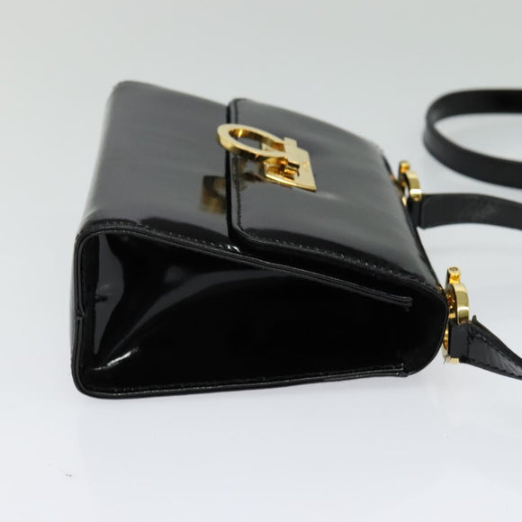 Salvatore Ferragamo Gancini Shoulder Bag Enamel Black Gold Auth 123760