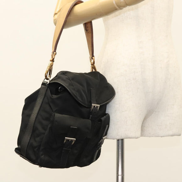 PRADA Shoulder Bag Nylon Black Gold Auth 123769