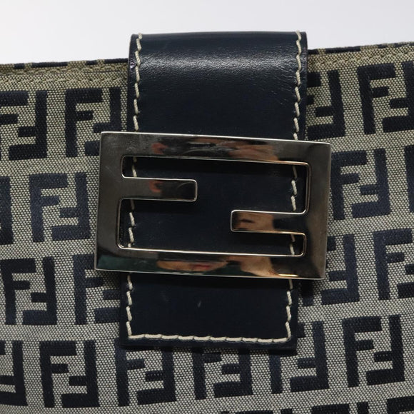 FENDI Zucchino Canvas Mamma Baguette Shoulder Bag Navy Silver Auth 123778