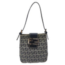 FENDI Zucchino Canvas Mamma Baguette Shoulder Bag Navy Silver Auth 123778-13