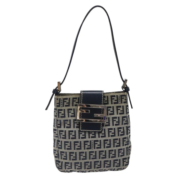 FENDI Zucchino Canvas Mamma Baguette Shoulder Bag Navy Silver Auth 123778