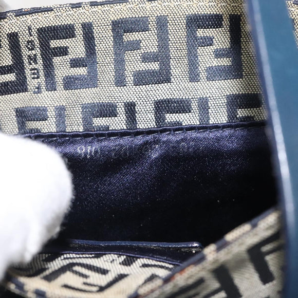 FENDI Zucchino Canvas Mamma Baguette Shoulder Bag Navy Silver Auth 123778