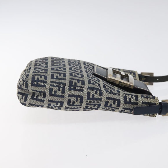 FENDI Zucchino Canvas Mamma Baguette Shoulder Bag Navy Silver Auth 123778
