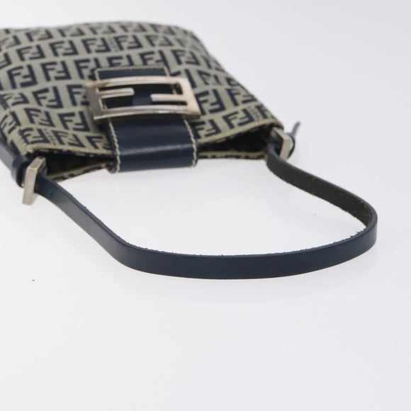 FENDI Zucchino Canvas Mamma Baguette Shoulder Bag Navy Silver Auth 123778