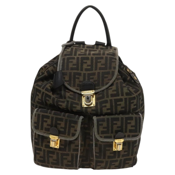 FENDI Zucca Canvas Backpack Black Brown gold Auth 123804