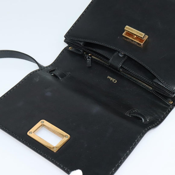 Chloe Shoulder Bag Leather Black Gold Auth 123811