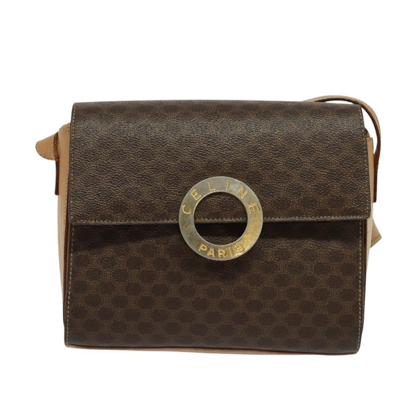 CELINE Macadam Canvas Circle Shoulder Bag PVC Leather Brown Gold Auth 123825