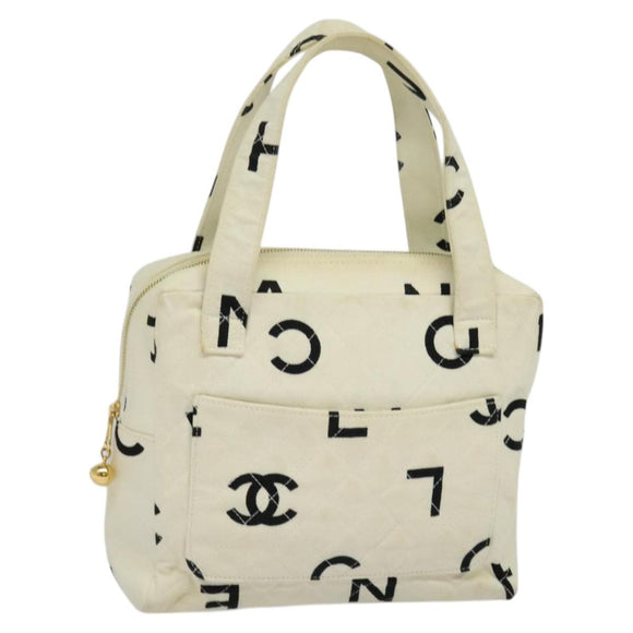 CHANEL Hand Bag Canvas White Black CC Auth 123833
